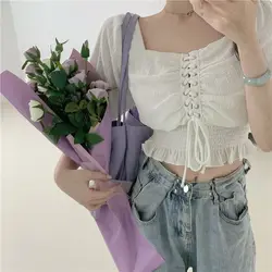 Temperament Drawstring Short Shirt Tops Summer New Short Sleeve Solid Color Pleated T Shirt Tops Sweet Fashion Women Clothing