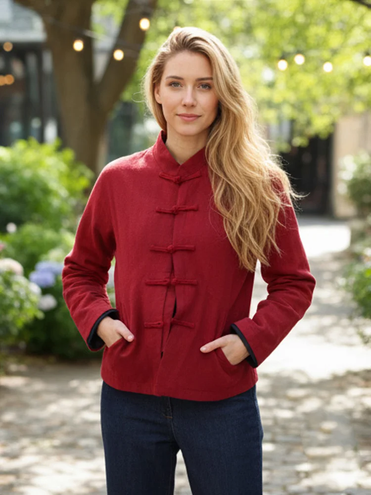 Solid Elegant Chinese Style Linen Lady Jackets Frog Button Long Sleeve Mandarin Collar Traditional Retro Coat Casual Daily Wears