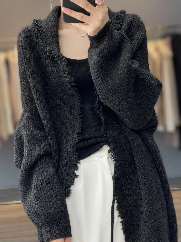 

2024 Women's Cardigan 100% Merino Wool Knitted Sweater Casual Loose Autumn Winter Thickened Knitwear New Chic Tassel Coat