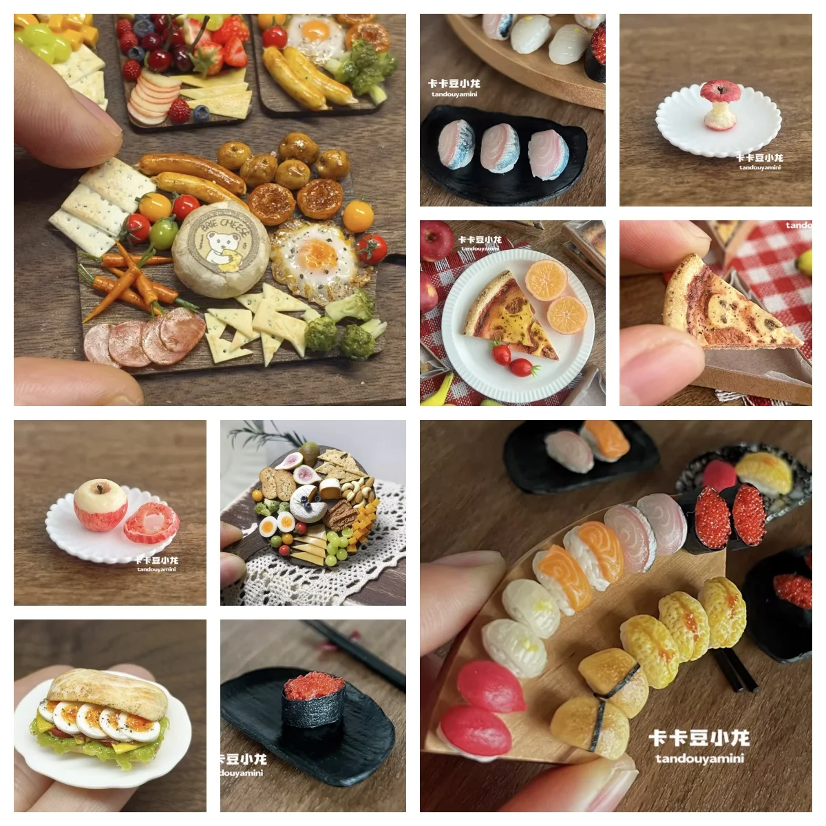 

1:6 Miniature Food Set: Pizza Slice, Sushi Platter & Bitten Apple with Peel - Realistic Dollhouse Kitchen Display Models