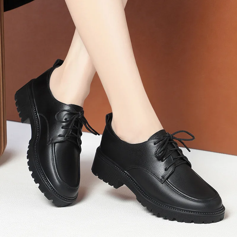 

2024 Spring Autumn Lace-up Thick Sole Women Pumps High Heels Comfortable Breathable Square Heel Solid Soft Dress Leather Shoes