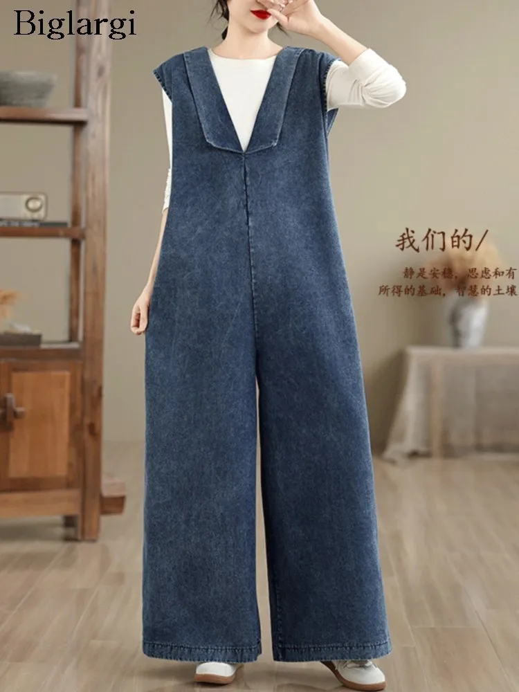 

Женский джинсовый комбинезон без рукавов оверсайз с V-образным вырезом, модный повседневный комбинезон свободного кроя с широкими штанинами
