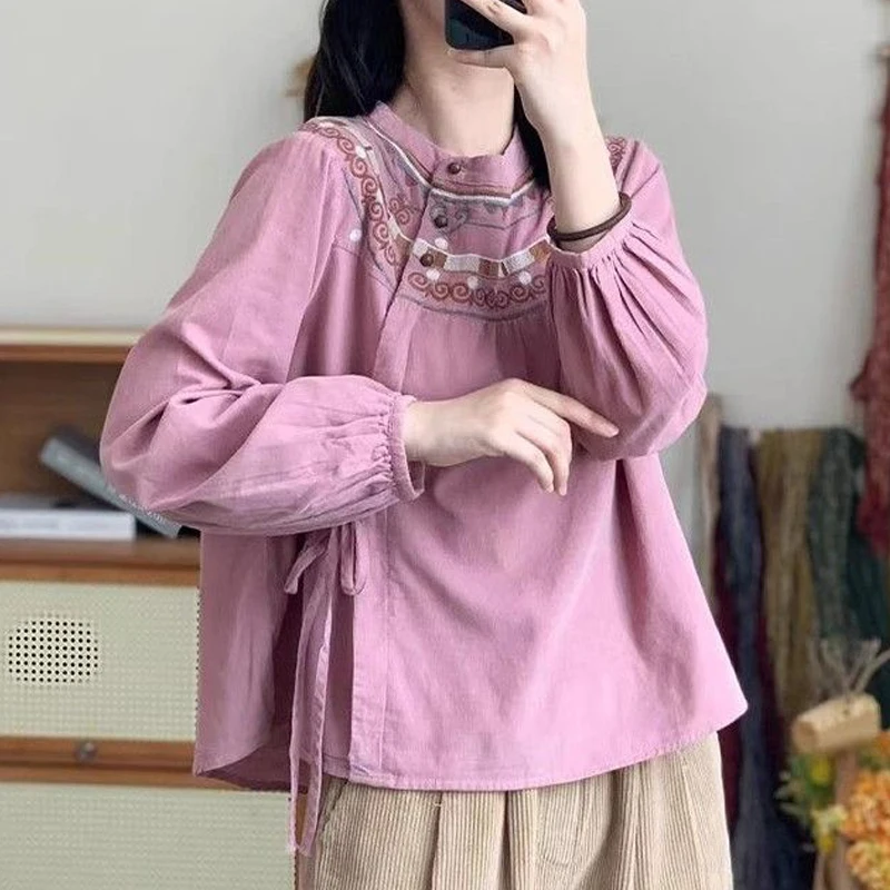 Women Vintage Chinese Ethnic Style Cotton Linen Blouses Spring Autumn Embroidery Lace Up Shirts Casual O Neck Long Sleeve Tops