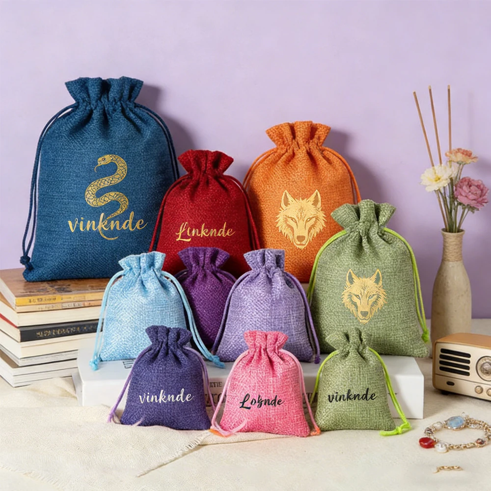 

100 Custom Logo Burlap Drawstring Bag Linen Canvas Cotton Jewelry Pouches Earrings Cosmetics Wedding Favors Gift Packaging Jute