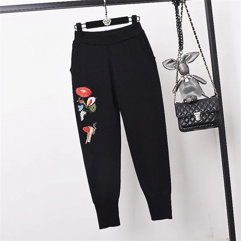 Korean Fashion Butterfly Embroidery Flowers Knitted Tracksuit Women Outfits Loose Black Pullover Sweater Long Pants Set Female