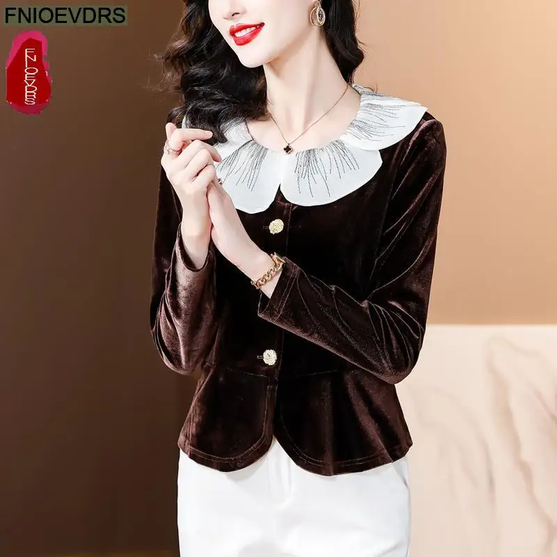 S-3XL Black Velvet Top Women Autumn Winter French Design Elegant Office Lady Work Button Shirt Casual Slim Retro Peplum Blouses