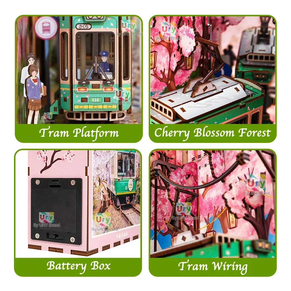 Ury 3D Wooden Puzzle Magic Japanese Style Cherry Blossoms Sakura Tram Station LED DIY Book Nook Shelf Insert for Xmas Gift