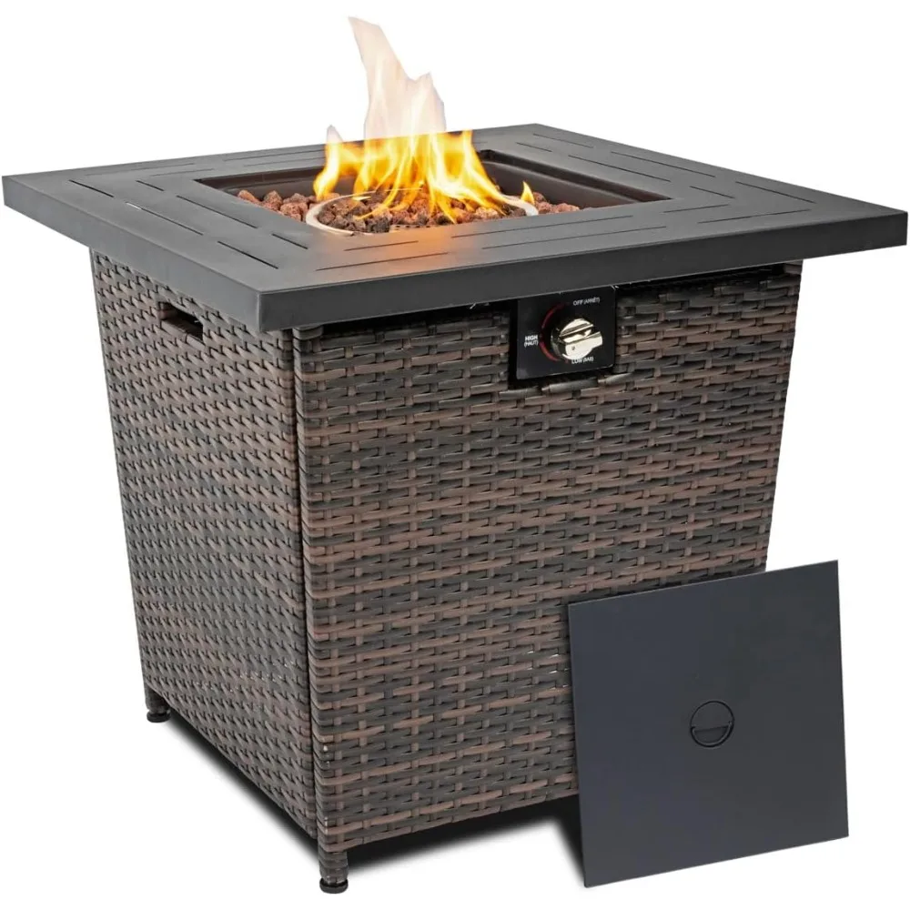 28'' Fire Pit Table with Brown Wicker, Laval Rocks, Inclined Leg Design,  50,000 BTU, Propane Fire Pit