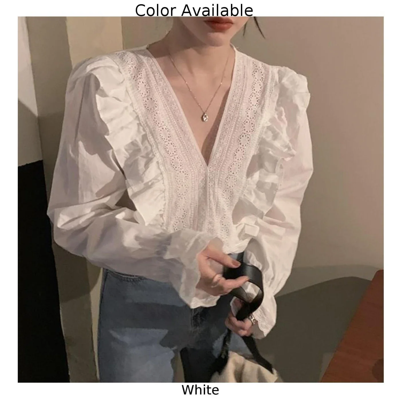 2024 Spring Elegant Ruffles Womens Tops And Blouses Casual V Neck Long Sleeve Loose Tunic White Blouses For Women