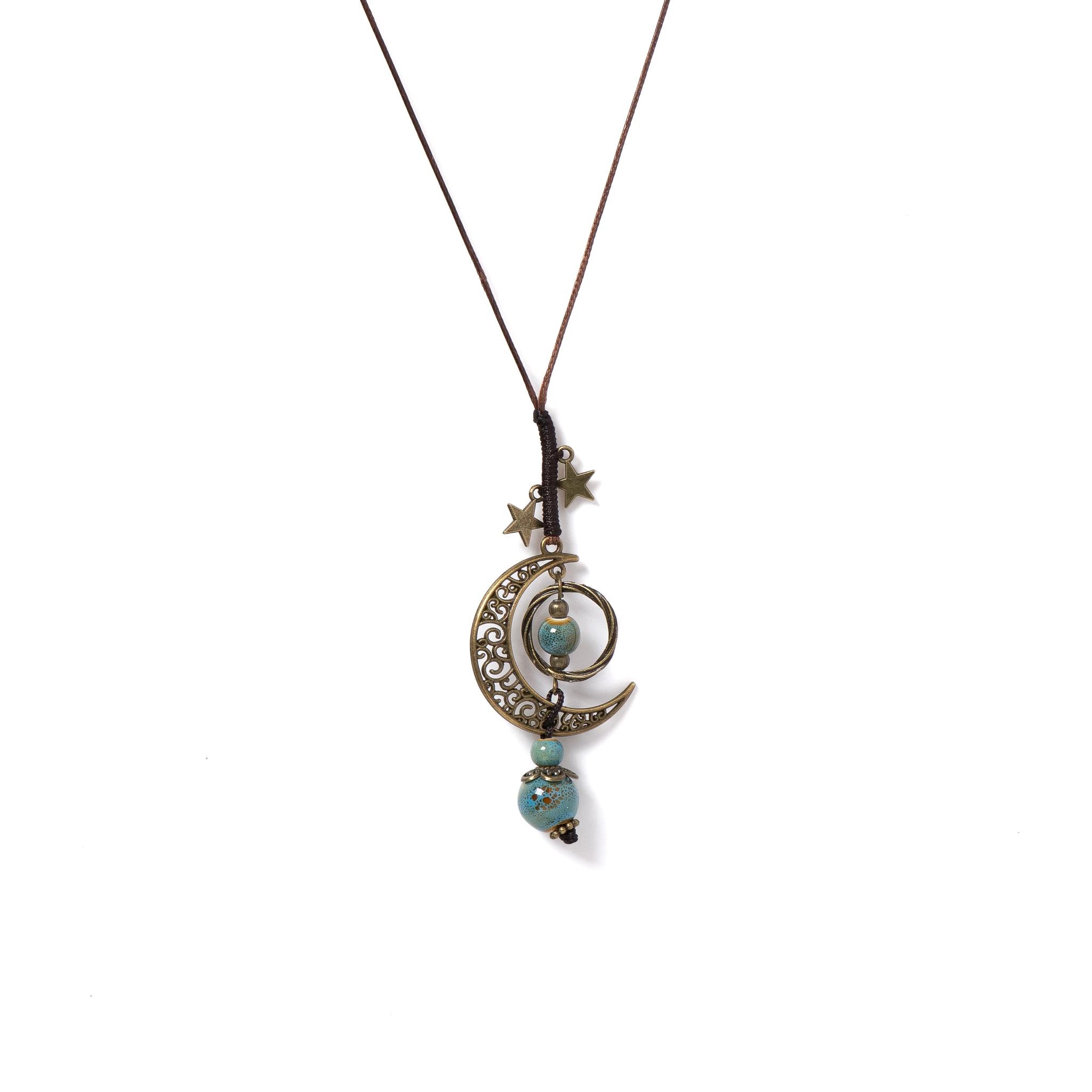 Moon and Star Handmade Ceramic Necklace Adjustable Pendant Boho Vintage Jewelry Multiple Colors  Accessories 142