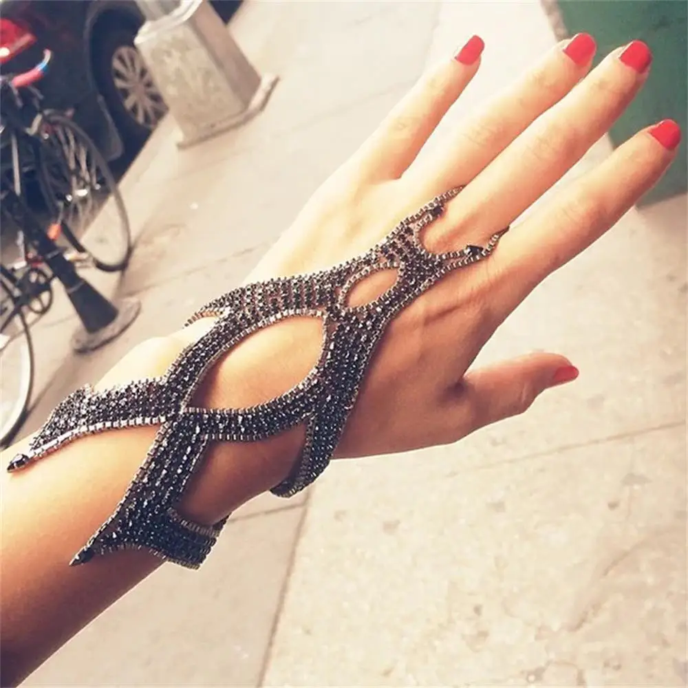 Black Mesh Crystal Hand Chain Ring Bracelet Women Full Rhinestone Hand Back Jewelry Wedding Accessories Sexy Body Decor Party