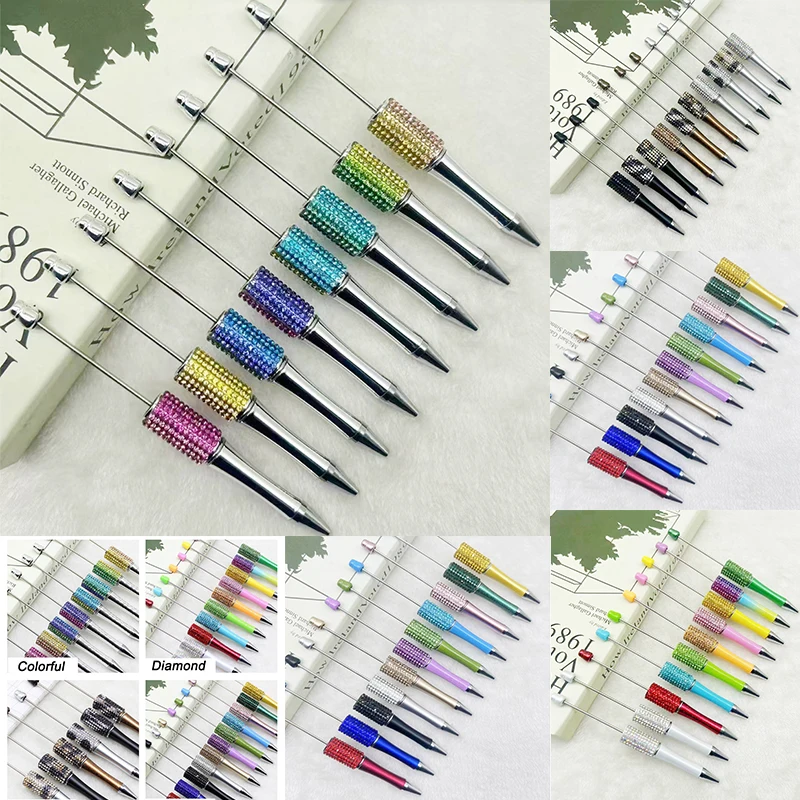 15pc DIY Handmade Sticking Diamond Beaded Ballpoint Pen Stationery Student Gift Beadable Pens for Writing School Office Supplies