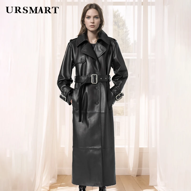 Women’s Loose Fit Sheepskin Trench Coat Black Double-Breasted Long Length High-quality leather jacket