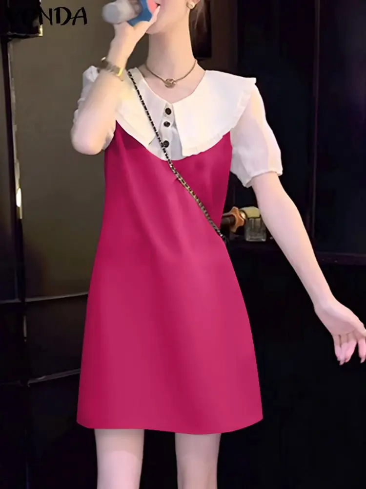 VONDA gaun Mini musim panas wanita 2024 gaun ruffle a-line lengan Puff kerah boneka warna kontras gaun Sundress gadis lucu manis
