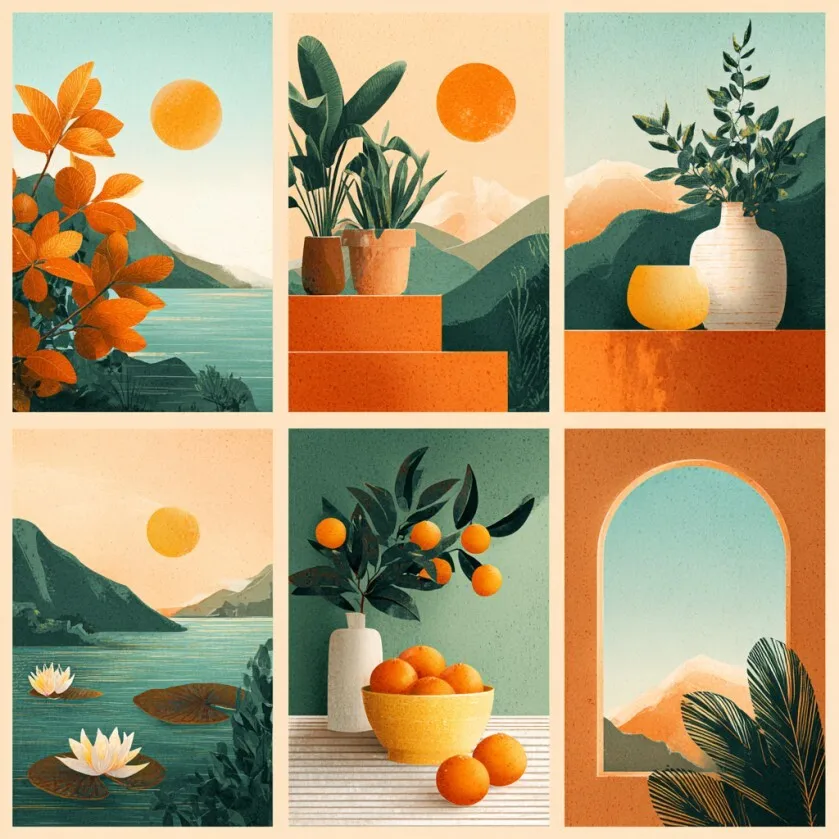 6 DIY-Malbilder mit orangefarbenen Vasen, einer Sonnenuntergangsszene und einer Landschaft, geeignet zur Dekoration von Hauswänden. – Detail 2