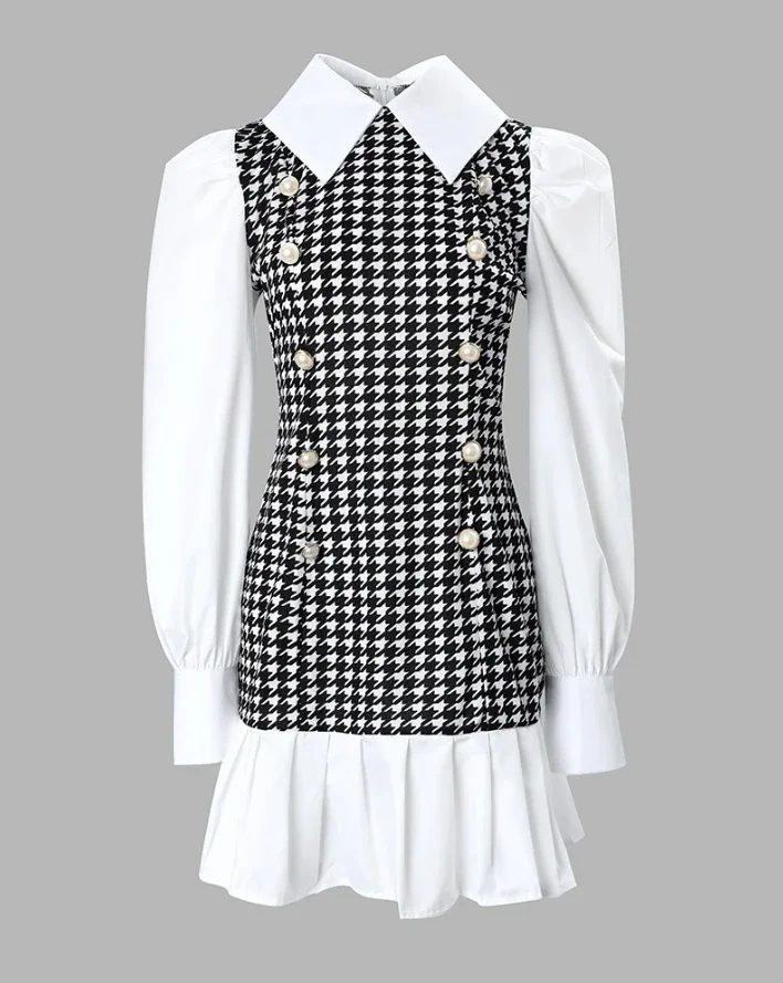 Mulheres Houndstooth Puff manga babados bainha vestido elegante, gola virada para baixo, vestido de linha A diária, decoração de botões, moda primavera, 2022