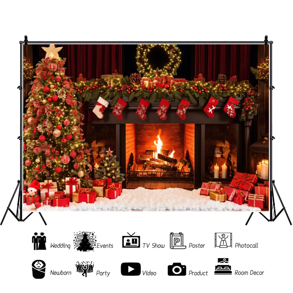 Winter Christmas Backdrops for Photography Fireplace Xmas Tree Gift Baby Toys Party Portrait Photographic Background Photo