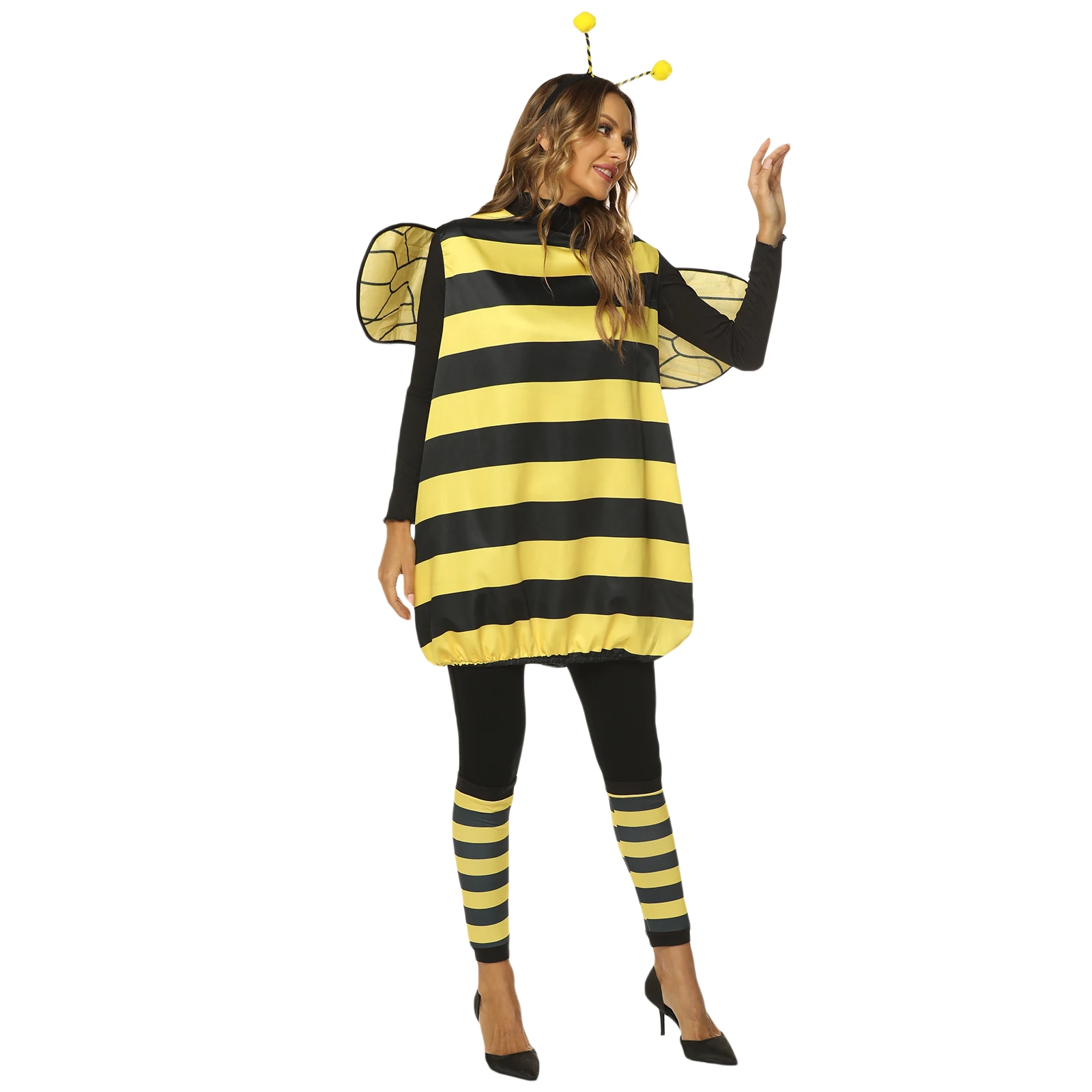 Women Bee Cosplay Costume Halloween Set Bumble Fancy Cosplay Dress with Wings Headband Leg Sleeves Role-playing