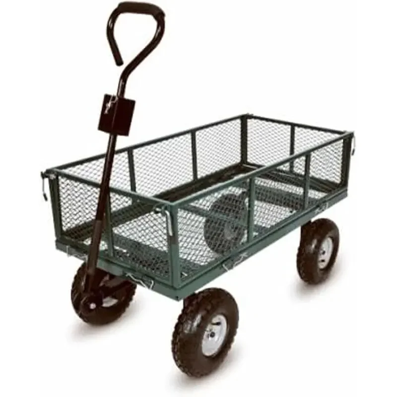 Green Thumb 4 Wheel Powder Coated Steel Garden Cart with Removable Mesh Sidewalls and Handles, Convertible to Trailer Hitch