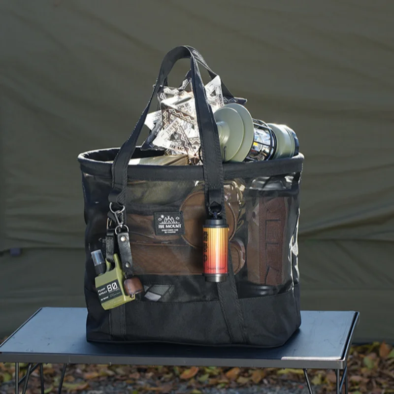 

Outdoor Mesh Tote Collapsible Bag Large Capacity Camping Mesh Storage Bag Breathable Mesh Top-Handle Handbag for Outdoor Camping