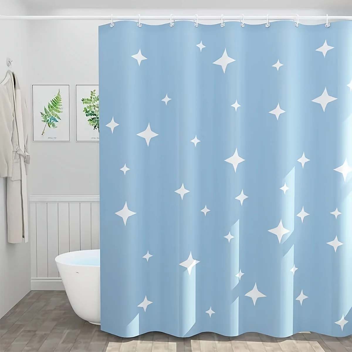 Starry Night Shower Curtain: Sparkling Stars on a Soft Blue Background for a Dreamy Bathroom