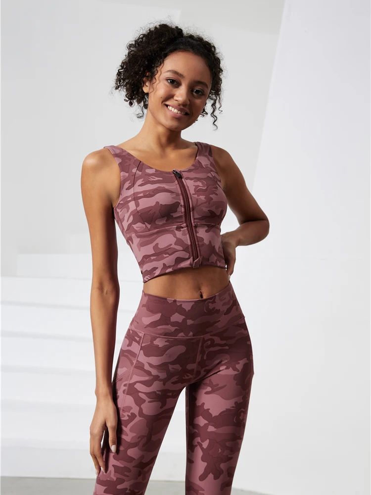 Soutien-gorge de sport à haut soutien pour femmes, haut push-up, fermeture éclair avant, rembourré, vêtements actifs, camouflage, yoga, fitness, 2022