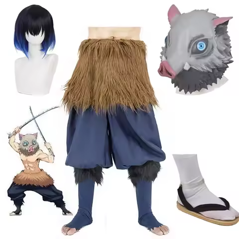 Anime Demon Slayer Kimetsu No Yaiba Hashibira Inosuke Cosplay Costume Pig Silicon Mask Black Socks Sandals Wig