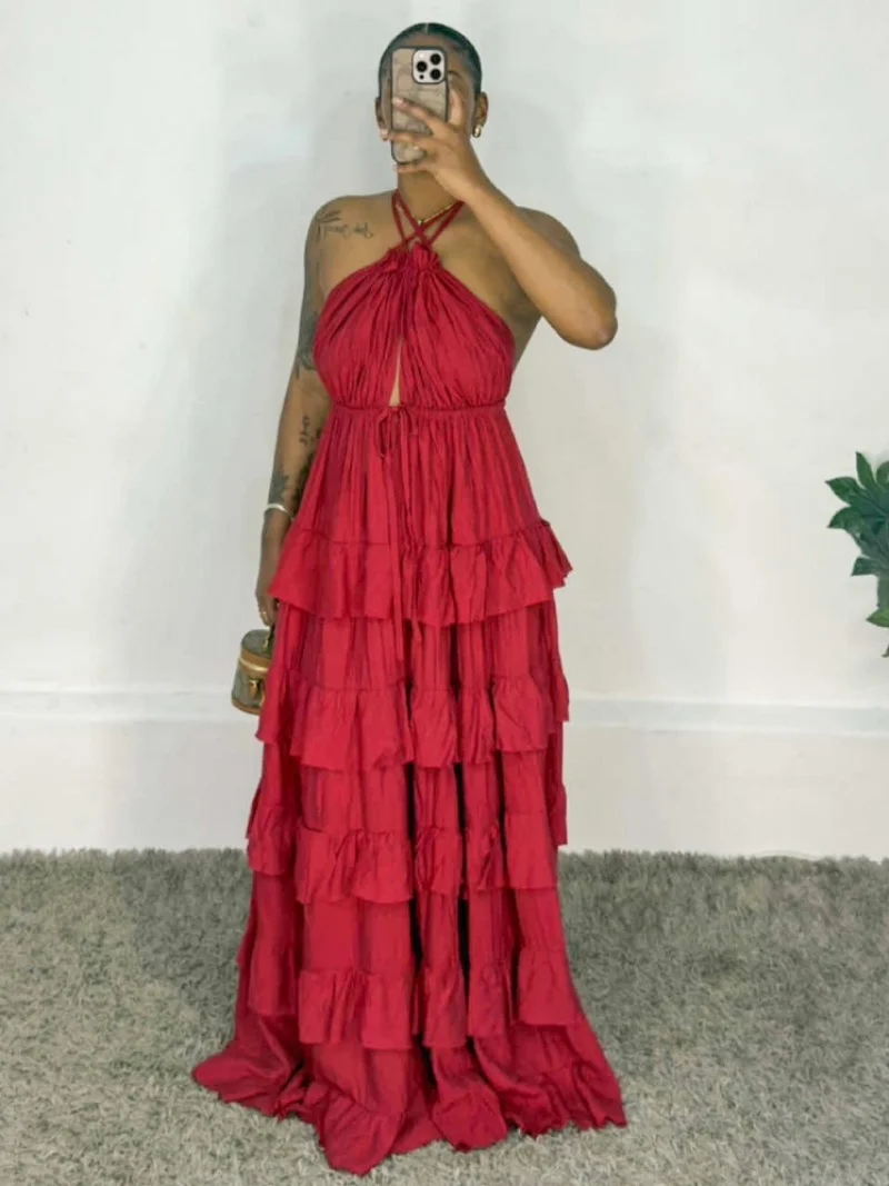 Sukienka bez rękawów z falbanami, balowa, na ramiączkach, letnia odzież damska 2026, długa sukienka maxi na ramiączkach, sukienka na wakacje, imprezę.