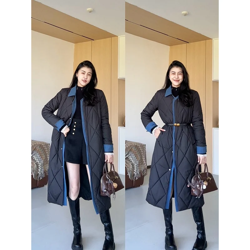 

Warm Long Cotton Jaet Loose Fit Turn-down Collar Large Rhombus Pattern Commute Sle Korean Version Thiened Polyester