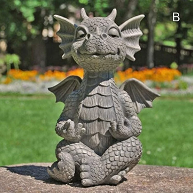 Mini Dinosaur Shape Sculpture Garden Statue Dragon Meditation Statue Lighting Resin Ornament Outdoor Yard Decoration Home Decor