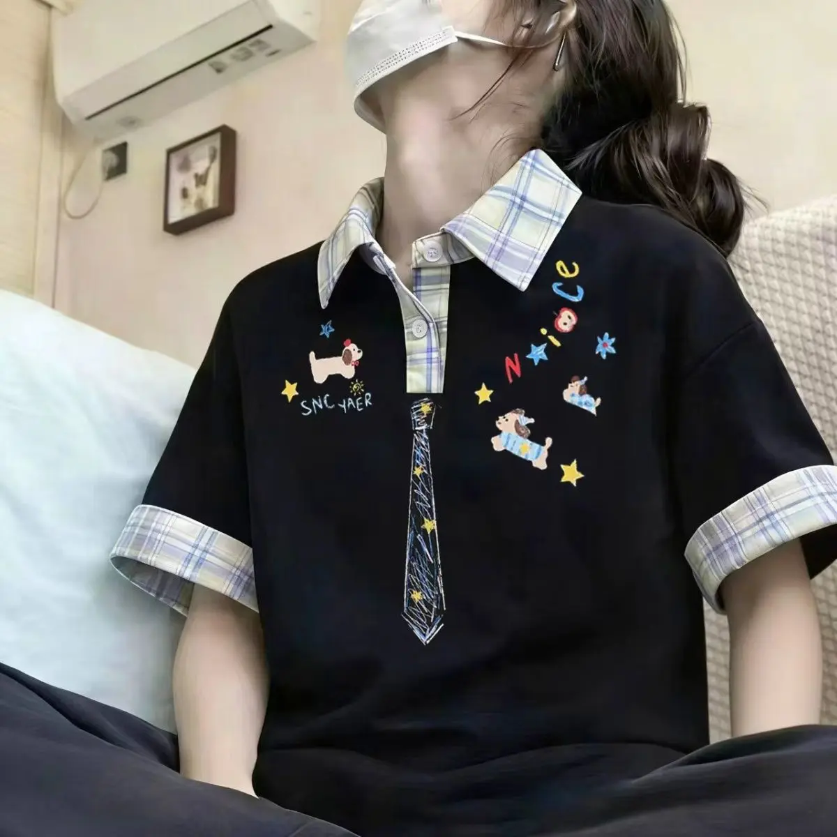 Design Grids Pattern Lapel Cartoon Dachshund Hand-painted Tie Printing Black Loose Lazy Style Student Tops Graphic T Shirts