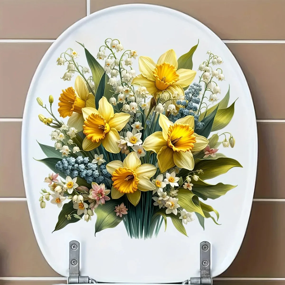 MT1393# Yellow Floral Self-Adhesive Toilet Seat Sticker Bathroom Wall Vibrant Daffodil & Lily Design for Surfaces