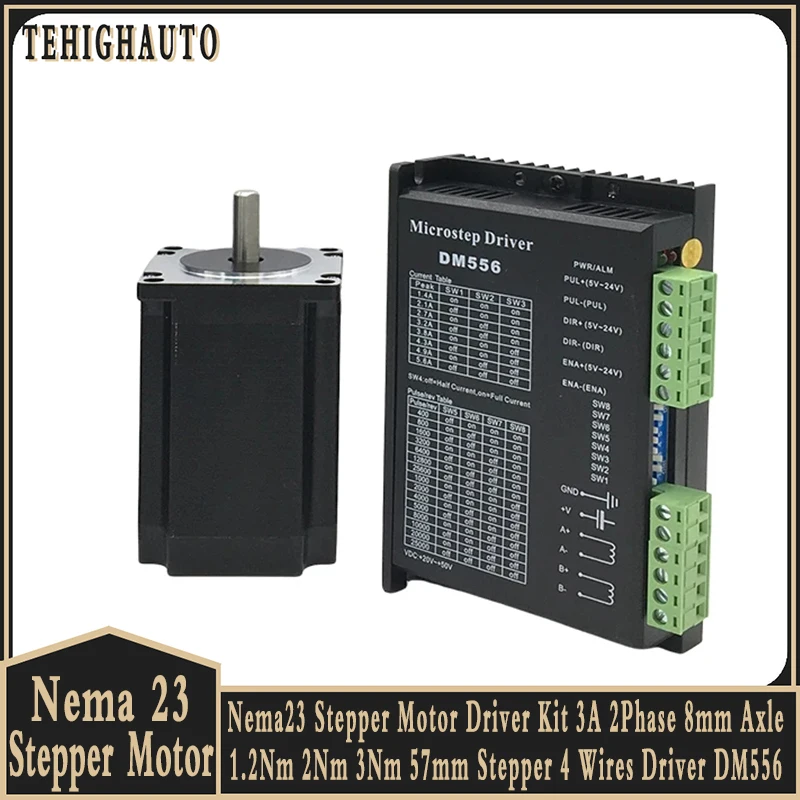 2PH Nema23 Stepper Motor DM556 Driver Kit 3A Motor 1.2Nm 2Nm 3Nm CNC Stepper Motor 56mm/76mm/112mm for CNC Router 3D Printer
