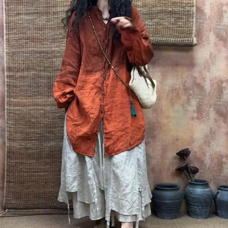 الربيع الصيف الفنون نمط المرأة واحدة الصدر فضفاضة منتصف طول بلوزة خمر التعادل صبغ الكتان س الرقبة قمصان غير رسمية نوعية جيدة #5