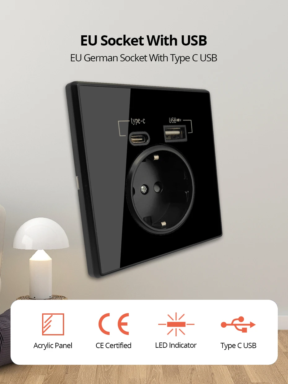 20W PD Typ-C A Schnittstellen-Steckdose Acryl-Spiegel-Kristallplatte Schwarze Wandsteckdose EU Russland Spanien Frankreich mit USB-Ladegerät-Halterung – Detail 1