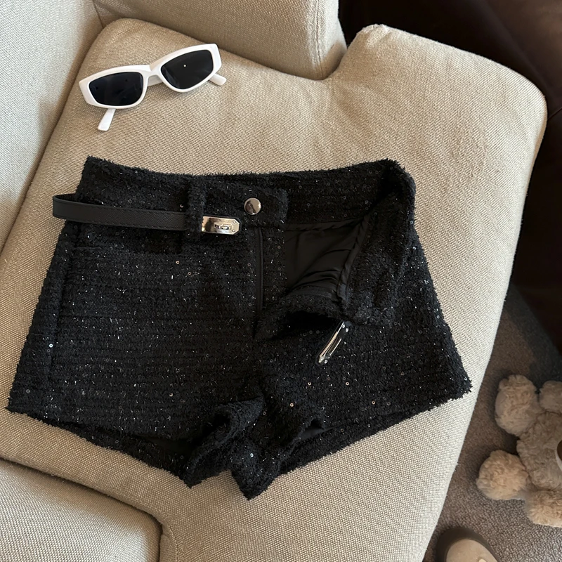 المرأة الخريف الشتاء الصوف والمزيج مطرزة واسعة الساق السراويل سيدة أنيقة بلون عالية الخصر فضفاضة السراويل القصيرة #5