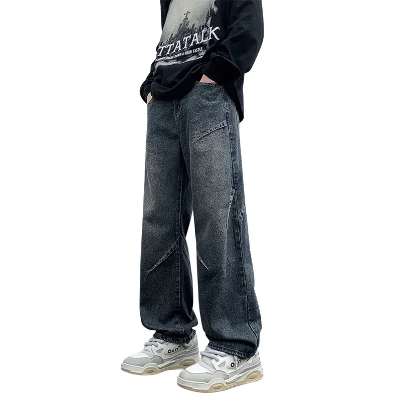 Spring 2024 Fashion Casual Versatile American High Street Straight Barrel Washed Jeans Men's Wide Leg Long Pants KZ7093