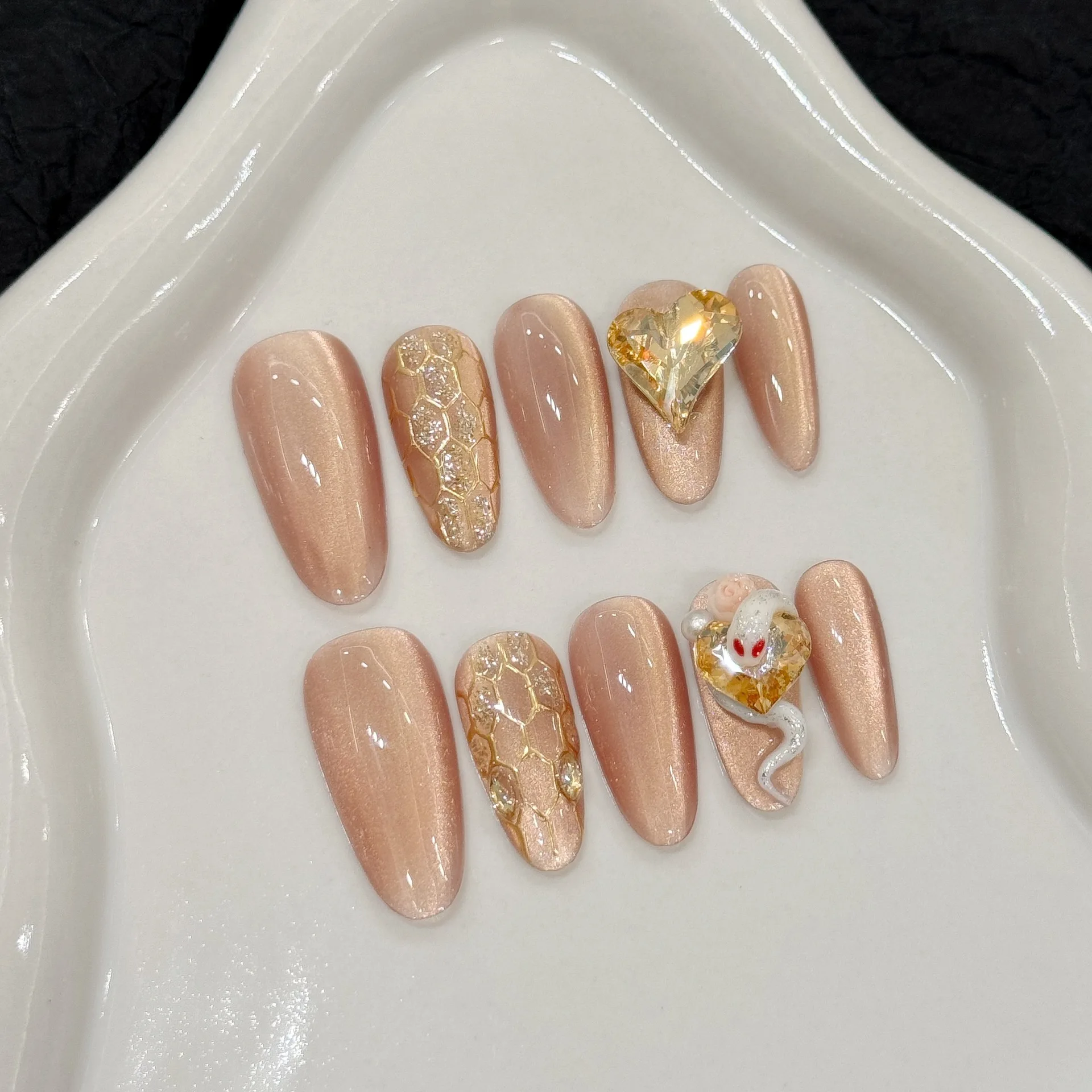 

10 PCS Luxury Handmade Press on Nails Long Oval Hug a snake Design with 3-PIECE Tool Adhesive Nail Glue Tabs