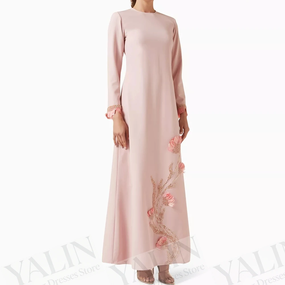 Women's A-line Evening Dresses Ankle-length O-neck Full Sleeve Prom Gown Fashion Flowers Sequined Simple Draped Customized Gowns