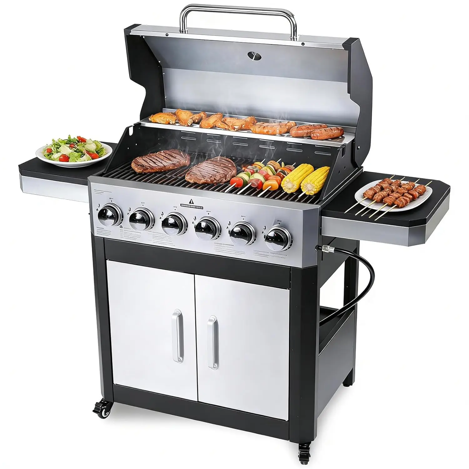60000BTU 6 Burner Propane BBQ Grill with Cast Iron Grates Thermometer Ignition Side Shelves Storage Cabinet for Patio