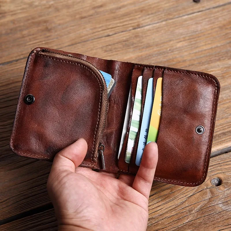 Carteira de Couro Ultra-Fina Vertical Curta Feita à Mão, Estilo Retro Masculino, Carteira Minimalista Bifold com Forro Sintético