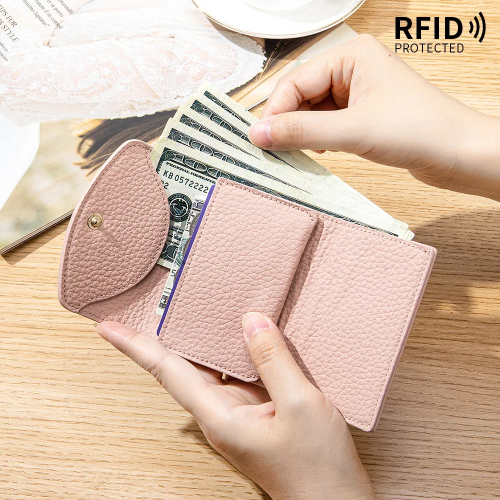 محافظ نسائية من جلد البقر المحبب على الطراز الياباني، محفظة صغيرة قابلة للطي - إغلاق سريع ومنظم محمي من RFID