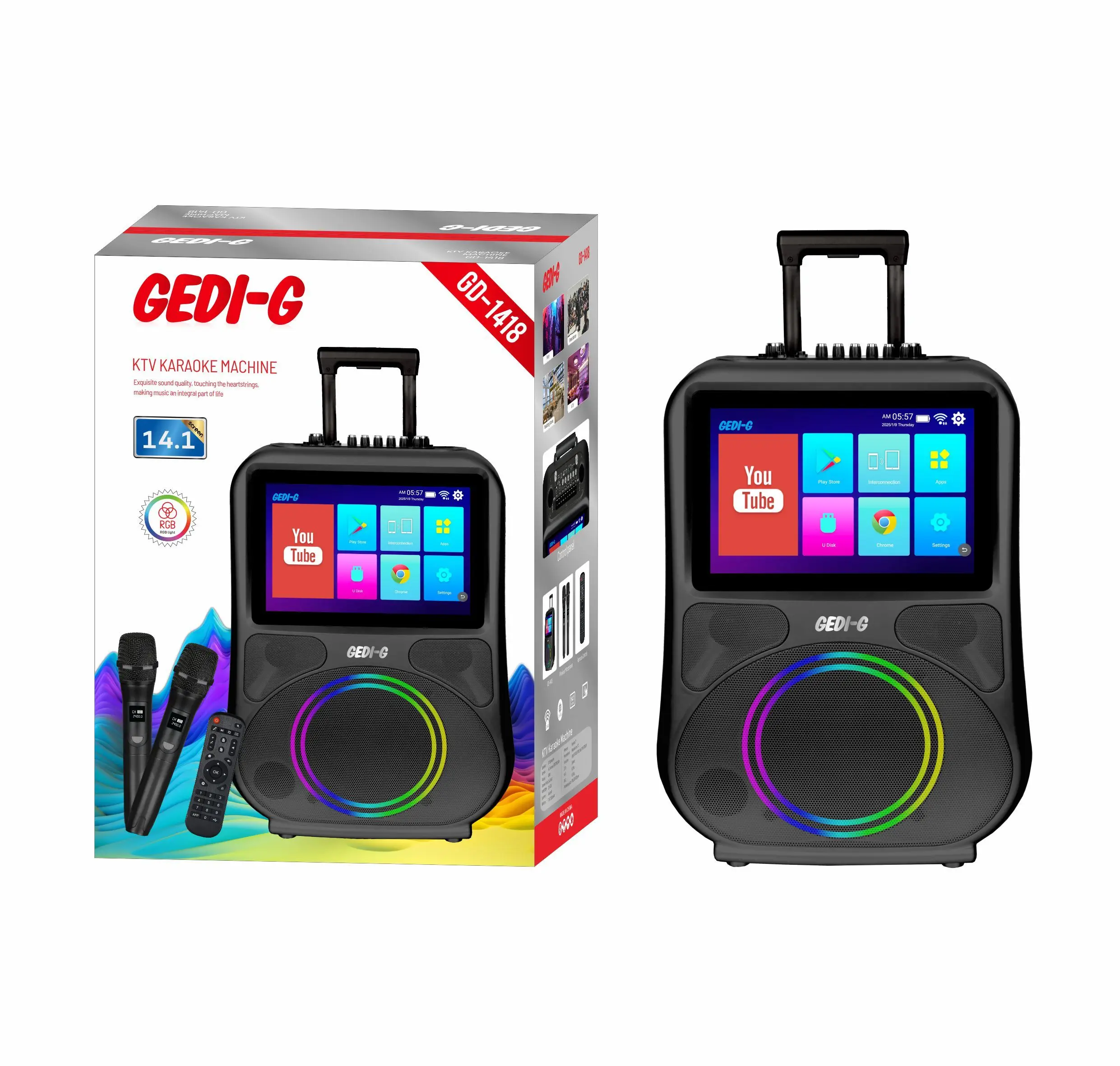 

RGB LED Lighting Outdoor Pull Rod Boombox Speaker With USB Communication