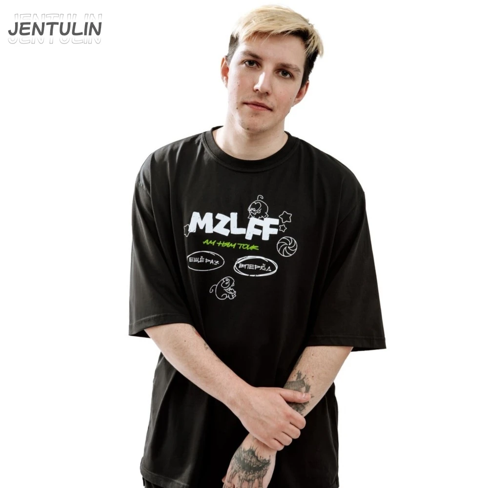 Oversized Men's Tshirt Streetwear Cartoon MZLFF Print Harajuku Hip Hop Korean Short Sleeve Y2k Tops Cotton Graphic Clothing Goth
