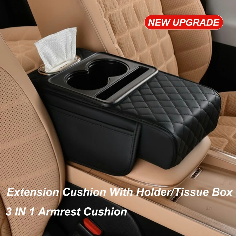 Car Center Console Armrest Cushion Thicken Arm Rest Box Pad Side Extension Cushion with Cup Holder Tissue Box Organizer Bag