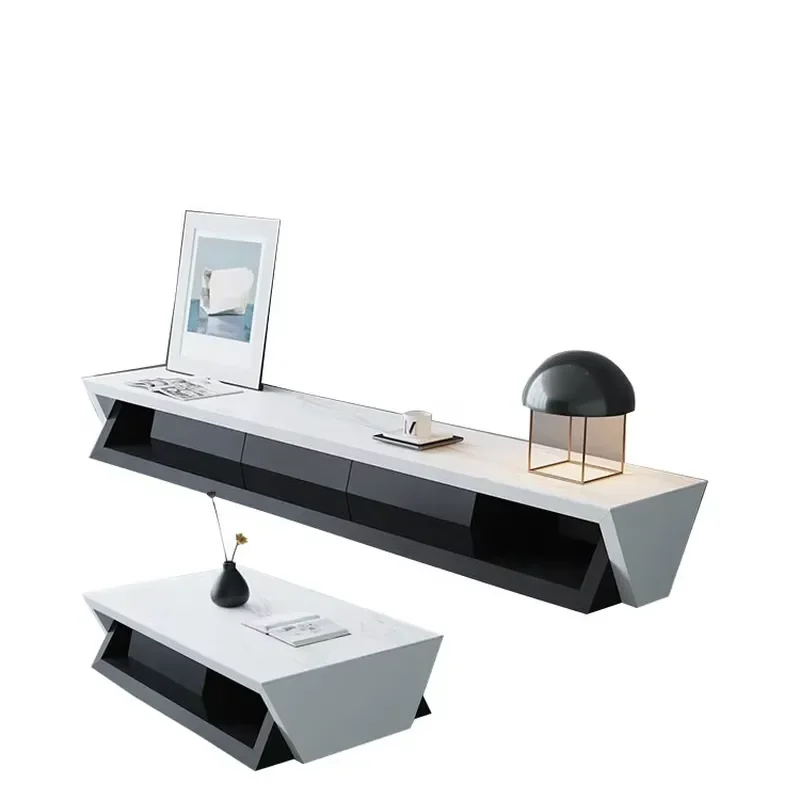 Metal Italian Meuble Tv Unit Living Room Furniture Set Glass Mirror Tv Stand Wood Rock Plate Black With White