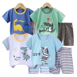 Kids Summer Tees+Shorts 2-piece Clothes Set Pajama Cotton Underwear Cartoon Zebra Dinosaur Print New Sleepwear Suit 1-6 Year Old