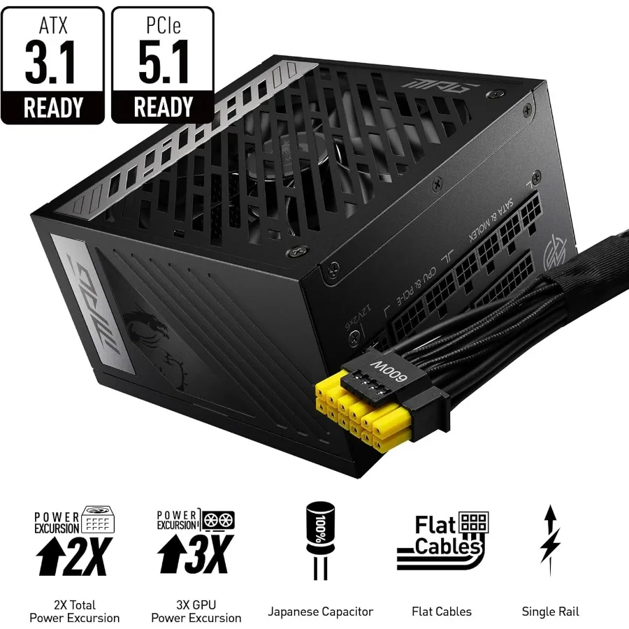 مصدر طاقة الألعاب MPG A850G PCIE 5.1 وATX 3.1 - وحدات كاملة - 80 Plus Gold Certified 850W - 100% ياباني 105 ° مكثف C