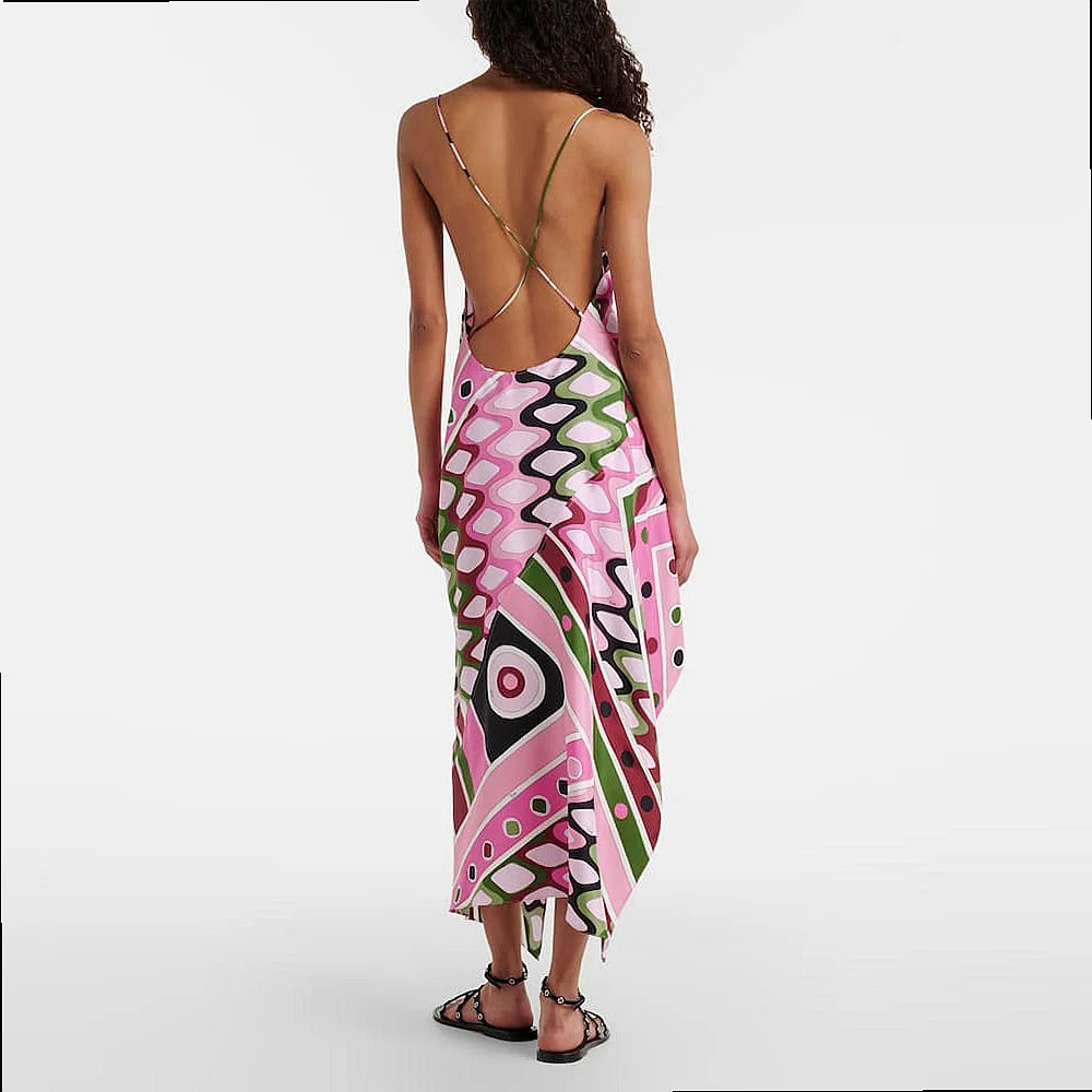 Women's Printed Backless Sleeveless Irregular Long Dress, Boho Summer Dresses, Flowy Maxi Dress, Party Evening Dress