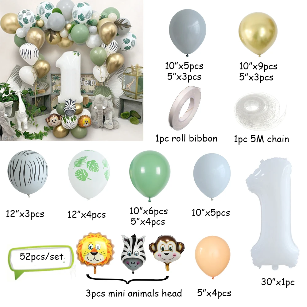 Ensemble de Ballons en Latex Vert Avocat, D.lisé Or, Jungle, Animal, Chiffre, Rétro, 1 An, Anniversaire, Baby Shower, Décoration, 21, 52Pcs